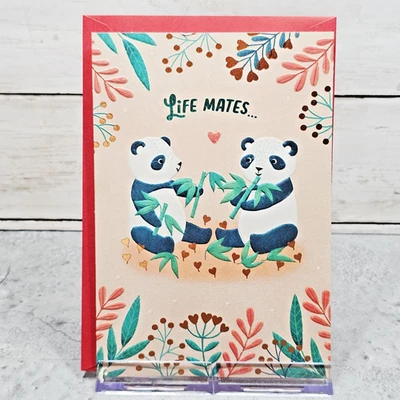 Hallmark Anniversary Greeting Card 5x7 Life Mates Pandas Orange Green Embossed - Image 1 of 4