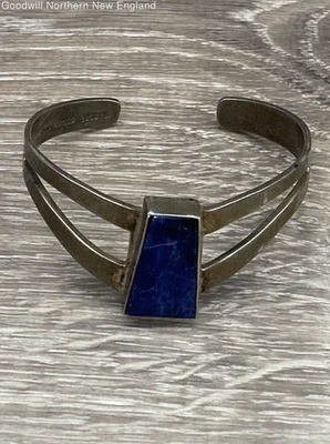 Bracelete de prata esterlina 925 Chevron com pedra azul trapézio 5,5" 31,12 g - Imagem 1 de 4