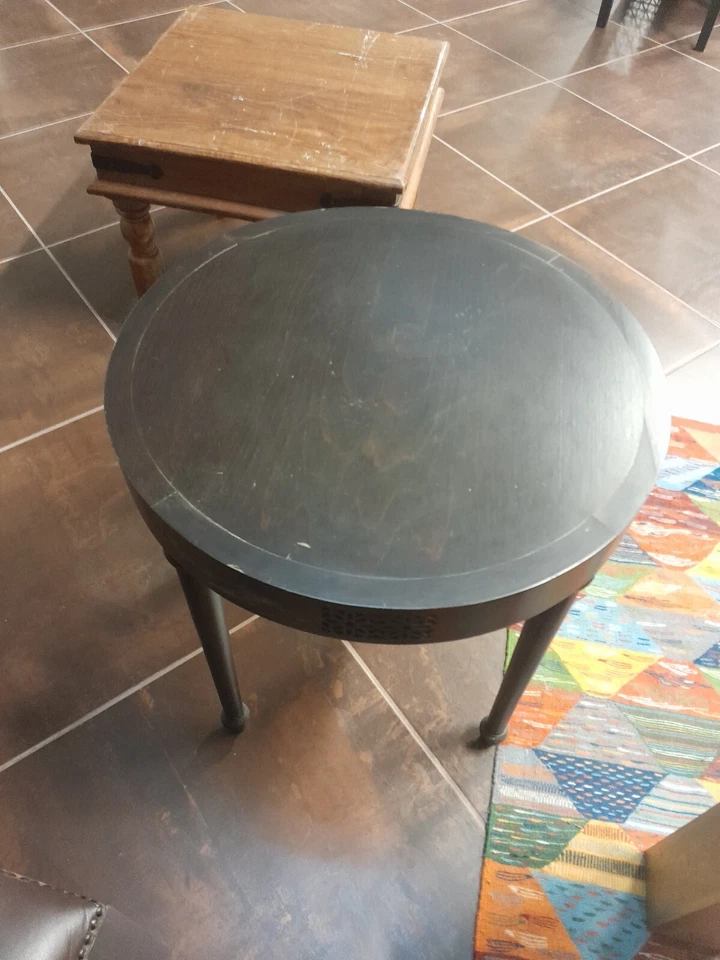 Moroccan round wood table 60  x 60cms high, wear on the top - Image 1 of 1