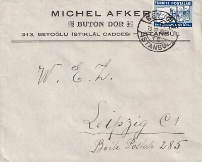 1937 TURKEY ISTAMBUL AIR MAIL COVER TO GERMANY LEIPZIG 12 AFKER Buton Dor - Image 1 of 2