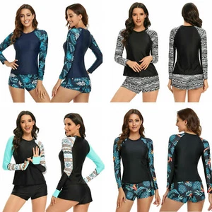 Women Two Piece Rash Guard Long Sleeve Swimsuits UV UPF 50+ Swim Shirt - Picture 1 of 36