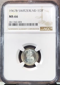 1967 SWITZERLAND SILVER 1/2 FRANC HELVETIA NGC MS 66 BEAUTIFUL GEM BU - Picture 1 of 3