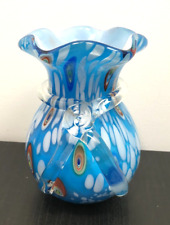 Murano Style  Hand Blown Glass Vase Blue w/ White & Multi color design & ribbon