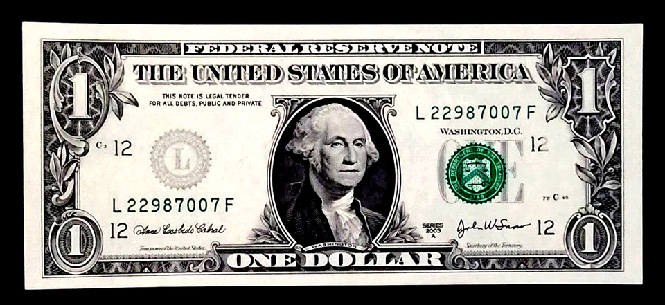 SAN FRANCISCO SUPER MARGINS FW  1931 L  INSUFFICIENT INK ERROR UNC 2003-A $1 - Image 1 of 2