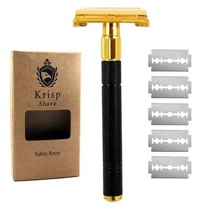 LONG DOUBLE EDGE BUTTERFLY SAFETY RAZOR FOR MEN WOMEN + 5 SHAVING BLADES GOLD - Picture 1 of 6