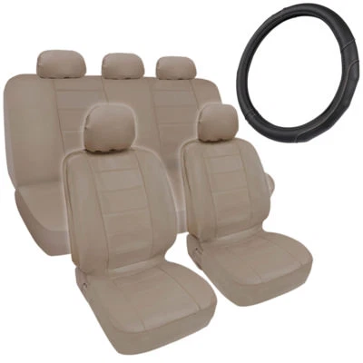 Beige Tan Synth Leather Seat Covers for Car + Stitched Grip Steering Wheel Cover - Image 1 of 4