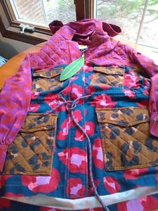 Farm Rio Mixed Leopard Women’s Canvas Jacket Size M Hood Hot Pink, Purple Print - Picture 1 of 6