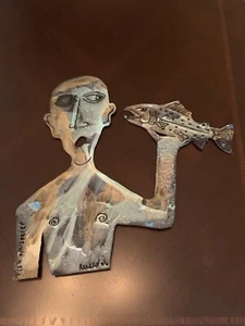Metal FISH WHISPERER Large Wall Art Nautical Lake Man W/ Trout Bass Signed 18x19 - Picture 1 of 15