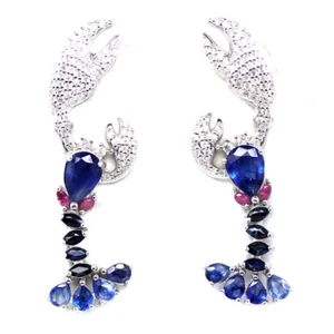 Gemstone Heated Blue Sapphire, Ruby, Zircon Shrimp Earrings 925 Sterling Silver - Picture 1 of 4