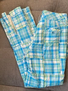 LILLY PULITZER BLUE YELLOW WHITE Patchwork PLAID CAPRI/CROP Lined PANTS Size 2 - Picture 1 of 5