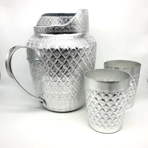 Pitcher Jug Jar Mug Aluminum Liquid Water Vintage Thai Silver Set - Picture 1 of 11