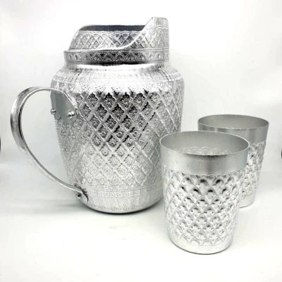 Jarro jarro caneca alumínio água líquida vintage conjunto prata tailandesa - Imagem 1 de 4