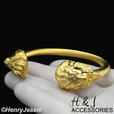 男式不锈钢镀金 CZ 狮子脸头扭转电缆手链 *GB89 — 第 1/2 张图片