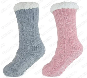 Ladies Women's Thermal Knitted Sherpa Lined Chenille Slipper Grippers Bed Socks - Picture 1 of 4