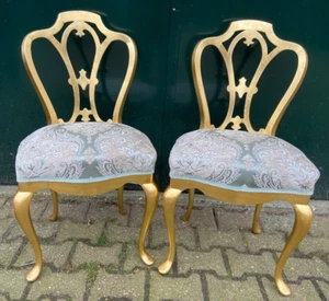 Chairs Louis XVI Style Pair - Reupholstered Gold Frame Vintage Damask Seats - Picture 1 of 14
