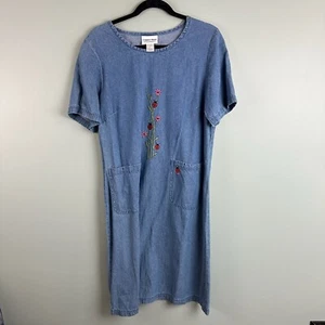 Country Store Denim Dress Sz Medium Embroidered Lady Bugs Pockets Cottage Core - Picture 1 of 8
