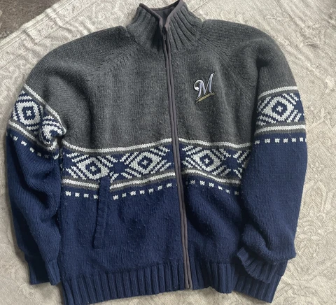 Milwaukee Brewers Mens XXL Blue MLB Zip Up Cardigan Wool Blend Sweater Cover
