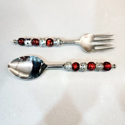 Salad Serving Set Fork Spoon Red Silver Beaded Handle Utensil - Image 1 of 4