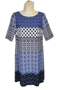 Eliza J Women Size 6 Shift Dress Blue Black White Geometric Half Sleeve Stretch - Picture 1 of 8