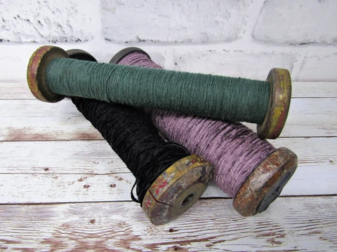 Set of 3 Antique Vintage Industrial Textile Bobbins Spools w/Thread Yarn String Cover
