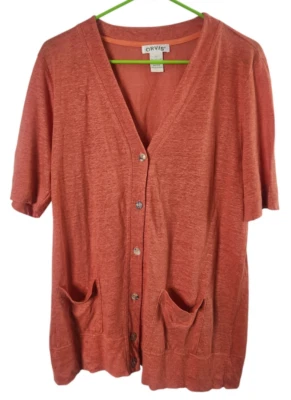 Cárdigan Suéter Orvis Mujer L 100% Lino Tejido Manga Corta Cuello en V Naranja Foto 1 de 4