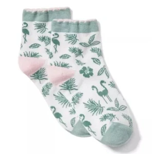 NWT Janie And Jack Flamingo Palm Socks Girls 6-8 White Green Scalloped Trim - Picture 1 of 6