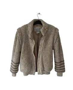 Vintage Chunky Sweater Jacket Coat Bomber Strong Shoulder Puff Sleeve Beige Lrg - Picture 1 of 10