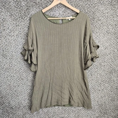 UMGEE Top Womens Medium Green Striped Bell Sleeve Boho Keyhole Button Casual - Image 1 of 4
