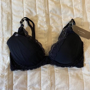 Natori Maternity Nursing Bra 32C Black Feathers Lace Underwire Plunge 730023M - Picture 1 of 14