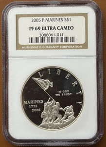 2005-P Marines Commemorative Proof Silver Dollar NGC PF 69 UCAM Coin - Picture 1 of 2
