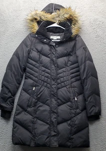 Abrigo acolchado Larry Levine para mujer XS negro imitación piel capucha a presión frontal interior cremallera - Imagen 1 de 11