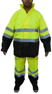 Yellow Safety Rain-Suit Rain Jacket with Hoodie & Pants Reflective Waterproof - Picture 1 of 4