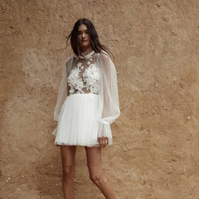 Long Puff Sleeves Short Wedding Dress,Casual wedding dress,white minimalist gown - Изображение 1 из 4