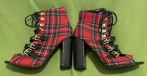 Lemon Drop by Privileged Chloee Red Plaid Tartan Lace up Peep Toe Boots - Size 9 - Picture 1 of 7