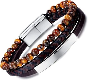 Pulsera y cuentas de cuero tejido a mano multicapa de acero inoxidable de moda elegante - Imagen 1 de 6