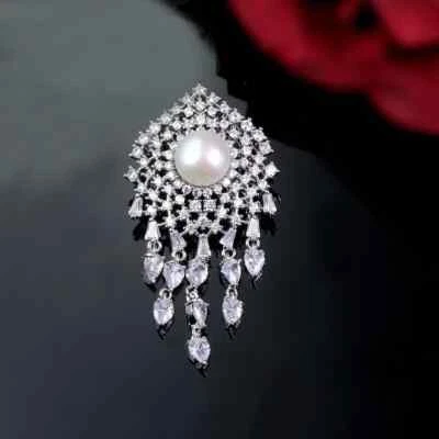 Dainty 3.96CT Round & Pear Sapphire & White Pearl 935 Silver Tassel Brooch Pin - Image 1 of 4