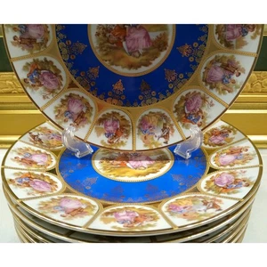 Rare Bareuther Waldsassen Bavaria Germany Dinnerplates Plates Blue Gold 8 PC Set - Picture 1 of 13