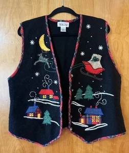 Talbots Wool Christmas Button Down Vest Vintage Sleigh Snow Winter Deer Size XL - Picture 1 of 11