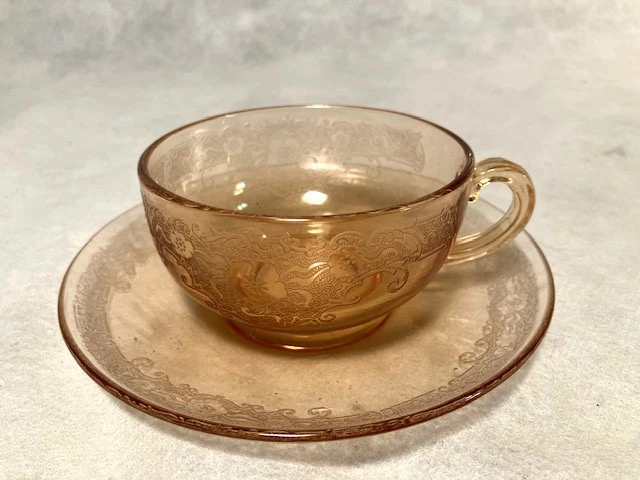 Fostoria VESPER Depression ELEGANT Glass AMBER Coffee Tea CUP SAUCER Set VINTAGE - Image 1 of 3