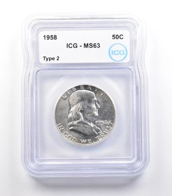 1958 Franklin Half Dollar Type 2 MS63 ICG *2372 - Image 1 of 3