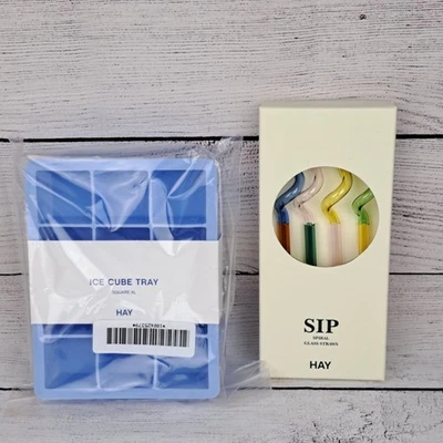 Pajitas para sorber en espiral de vidrio de heno y bandeja para cubitos de hielo cuadrada XL azul nuevo stock antiguo Foto 1 de 4