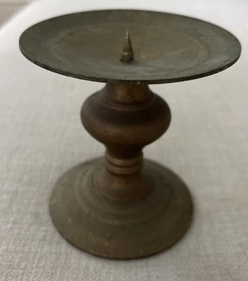 Decorative Solid Brass Gold Tone Round Pillar Spike Candlestick Holder 4.5” tall - Image 1 of 4