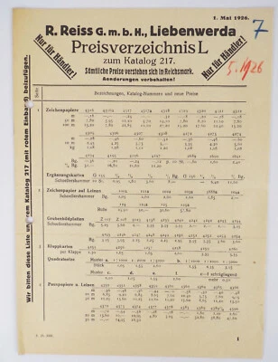 Reiss Liebenwerda Preisverzeichnis zum Katalog 217 Rechenschieber 1926 - Bild 1 von 3