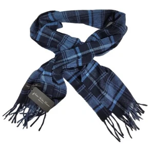 Italian Woollen Treasures Luxury Lambswool Soft Scarf Plaid Navy Blue Handmade - Picture 1 of 9