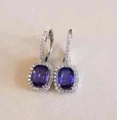 4Ct Cushion Cut Lab Created Tanzanite Drop/Dangle Earring 14K White Gold Plated - Image 1 of 4
