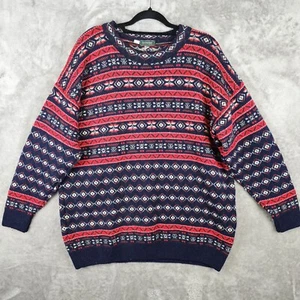 VTG Mens L 100% Virgin Wool Sweater New Zealand Fair Isle Nordic Navy Red - Picture 1 of 6