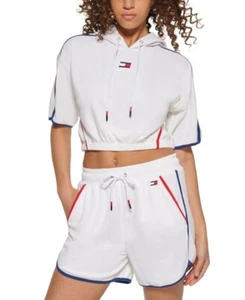 Tommy Hilfiger Sport Terry Logo Shorts Side Stripe Drawstring White Size XL - Picture 1 of 5
