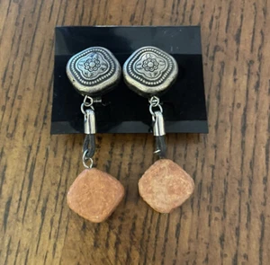 Southwest Style Dangle Clip On Earrings 3” Long Silver W Coral Color Stone - Picture 1 of 2