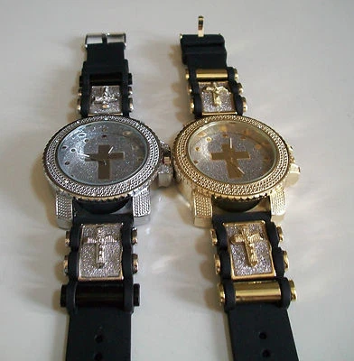MEN'S BLACK SILVER, GOLD, ROSE FINISH GLITTER CROSS SILICONE BAND HIP HOP WATCH - Image 1 of 2