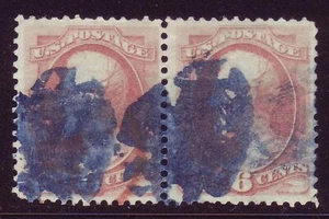 BLUE PICTORIAL ? - FANCY CANCEL on 6c BANKNOTE PAIR - STRIKING COLOR !! - Picture 1 of 2